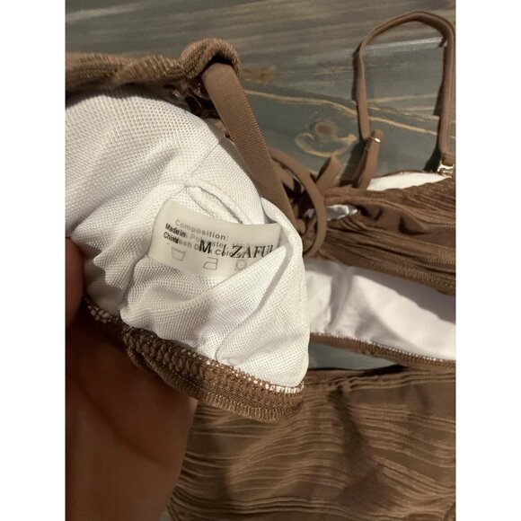 Zaful Brown Textured Bandeau Bikini Set With Adjustable Straps & High-Waisted - Picture 3 of 4